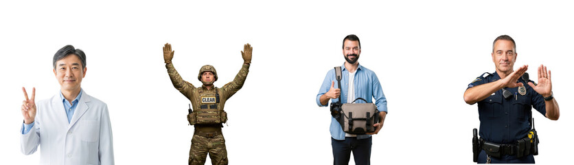 Four people of different professions, including a doctor, a soldier, a police officer, and a man with a camera, standing against a white background.