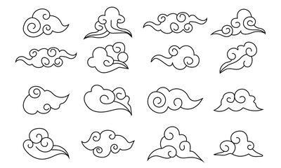 Clouds icon vector set  in Chinese, Japanese style. Line icon of clourd symbol, set of cartoon cloud, Ornament  elements for asian chinese new year card or mid autumn festival. Vector illustration.