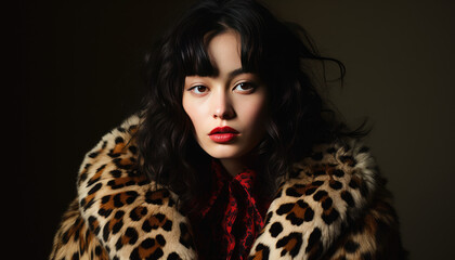 Stylish young model posing in leopard print suit against black studio backdrop