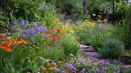 A winding path through a lush garden showcases a rich array of colorful flowers in bloom. Early summer sunlight highlights the greenery and floral diversity, creating a serene atmosphere.