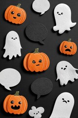 Halloween Sticker Pack Mockup with Ghosts, Pumpkins, and Speech Bubbles