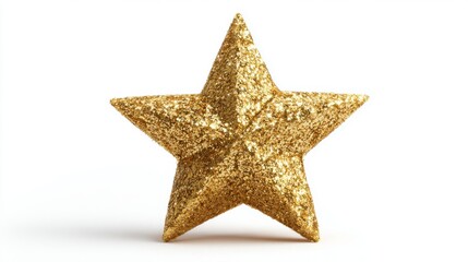 Obraz premium A sparkling gold star shines brightly, showcasing its intricate glittery surface. Ideal for decorating festive gatherings, events, or holiday celebrations, it adds a touch of glamour.