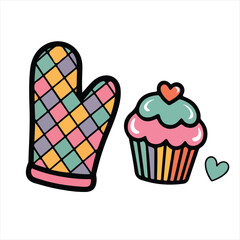Colorful Oven Mitt and Cupcake with Hearts - Cute Baking Illustrations