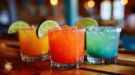 Three vibrant cocktails sit on a polished wooden bar, featuring orange, red, and blue hues, each garnished with fresh lime slices. The atmosphere buzzes with energy.