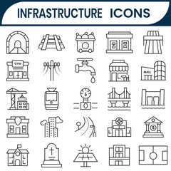 Public Infrastructure line icon symbol, Infrastructure icons vector set like City, transport, road, mall, airport, police. Vector illustration.