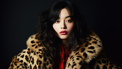Stylish young model posing in leopard print suit against black studio backdrop