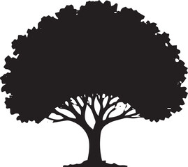 Majestic silhouette of a large oak tree with detailed branches and lush foliage