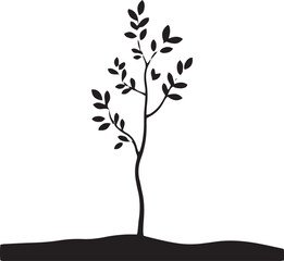 Minimalist silhouette of a young sapling tree with leaves growing from a dark ground shape
