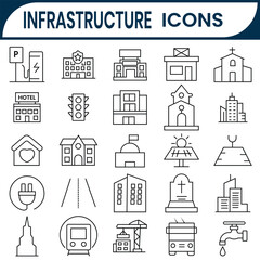 Infrastructure icons vector set. Public Infrastructure line icon symbol, City, transport, road, mall, airport, police. Vector illustration.