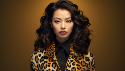 Stylish young model posing in leopard print suit against black studio backdrop