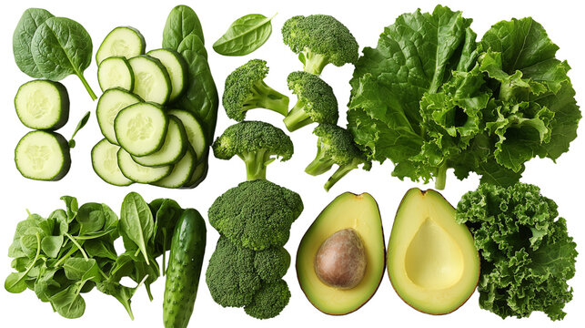 Fresh Green Vegetables and Avocado on White Background