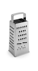 Shiny stainless steel box grater kitchen utensil for cheese vegetables and food preparation.