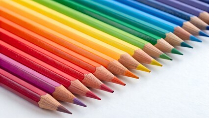 Fototapeta premium Assorted Colored Pencils Arranged in a Row, Creating a Vibrant Rainbow Spectrum for Creative Art and Design Projects.