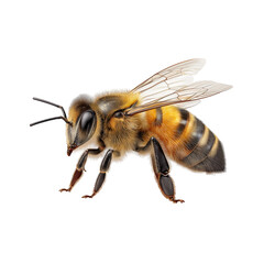 A detailed closeup photograph of a honey bee isolated on a pure transparent background, showcasing its intricate anatomy and fuzzy texture