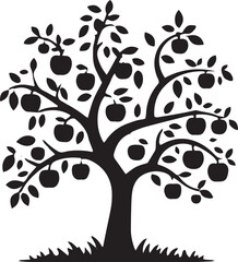 Obraz premium Silhouette of a mature apple tree laden with ripe fruit standing in grassy ground