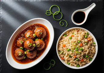 A delicious, restaurant-quality meal of rich, savory Chinese manchurian and a side of classic vegetable fried rice.