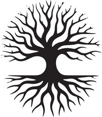 Stylized black silhouette of tree of life with intricate branches and roots circular design