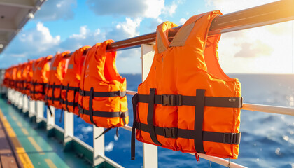 Bright Orange Lifejacket Hanging on Ship Railing with Ocean in Background
