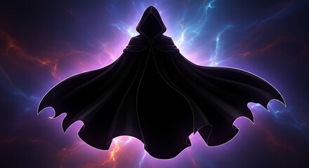 A shadowy figure in a hooded cloak against a backdrop of swirling purple and blue cosmic energy