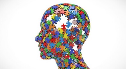 Human Head Silhouette Composed Entirely of Colorful Puzzle Pieces