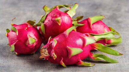 Fototapeta premium Dragon fruits display their striking pink skin and green tips on a textured gray surface. The exotic fruit is known for its sweet flavor and nutritional benefits, making it a favorite choice.