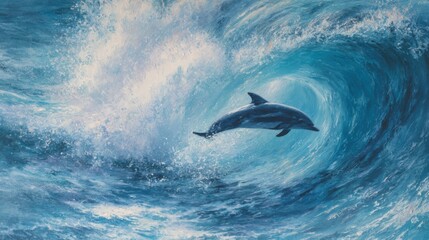 Naklejka premium A dolphin is captured in mid-leap, showcasing its agility as it jumps over a powerful ocean wave. Warm sunlight glimmers on the water surface, creating a serene atmosphere.