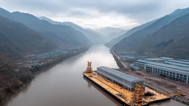 Heavy Transport Ship Anchored in a Canyon River