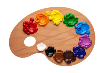 Colorful paint pigments arranged on a wooden palette, showcasing a spectrum of hues against a black background.