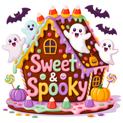 Fototapeta premium Sweet and spooky halloween gingerbread house with cheerful ghosts and candy decorations isolated on transparent background