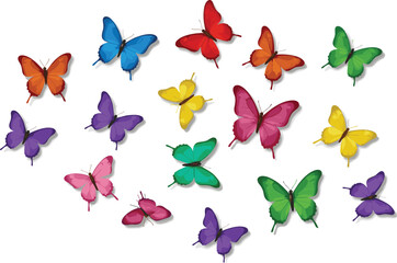 Collection of colorful butterfly illustrations in various vibrant hues, showcasing diversity and beauty, perfect for nature, spring, and vector designs.