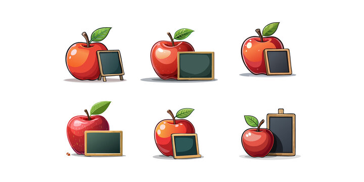 A collection of illustrated red apples with blank mini chalkboards, representing concepts of education, school, and learning