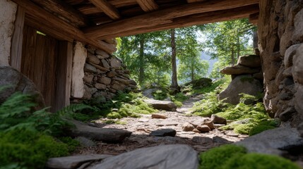 Abandoned Structure with Cracked Walls and Collapsed Roof Surrounded by Lush Greenery and Logs