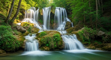 Obraz premium Beautiful Lush Green Forest Waterfall Cascade in Sunlight