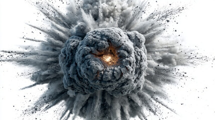 explosion with shrapnel mid-air minimal on white