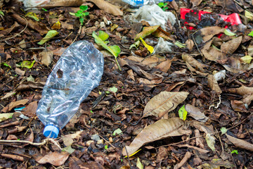 Plastic trash, PET bottle and plastic bag in the forrest. The environmental pollution. Nature protection.