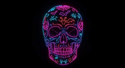 Neon skull with bats and floral design