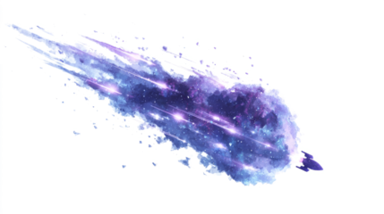 Cosmic purple and blue colors with twinkling stars, rocket, reflecting interstellar travel and discovery.