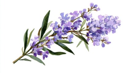 Obraz premium A branch featuring clusters of purple flowers with soft petals and green leaves stretches diagonally across a white background, showcasing natural beauty and vibrant colors under bright daylight.