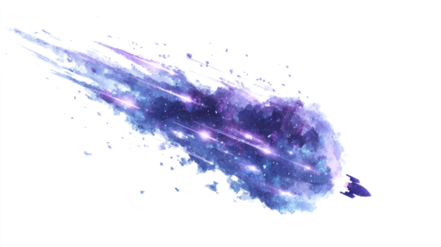 Cosmic purple and blue colors with twinkling stars, rocket, reflecting interstellar travel and discovery.