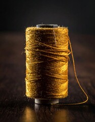 Golden thread spool on dark wood