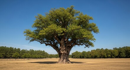 Magnificent old oak tree in a golden field under a clear blue sky