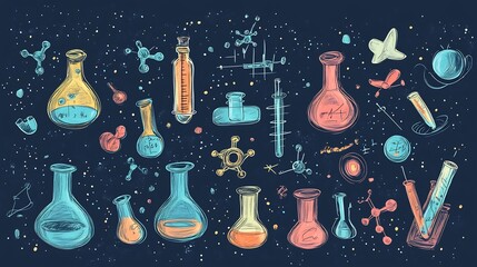 Chemistry doodle icons education fun cartoon style molecular shapes formula sketches lab flasks and beakers for infographic