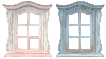 French country-style window frames painted in soft pastels, featuring elegantly curved edges and distressed paint layers.