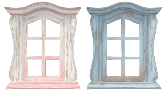 French country-style window frames painted in soft pastels, featuring elegantly curved edges and distressed paint layers.