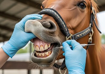Veterinary professional performing a detailed dental examination on a horse's teeth, ensuring optimal equine health