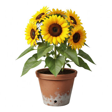 Vibrant sunflower plant in a terracotta pot isolated on transparent background