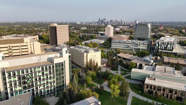 Aerial view of buildings on the University of Calgary campus. 