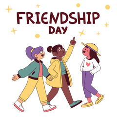 Three diverse young women celebrating friendship day with joy and togetherness in a fun cartoon style illustration