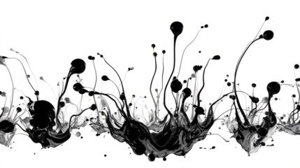 Ink splash with thin tendrils and droplets, black fluid on white background