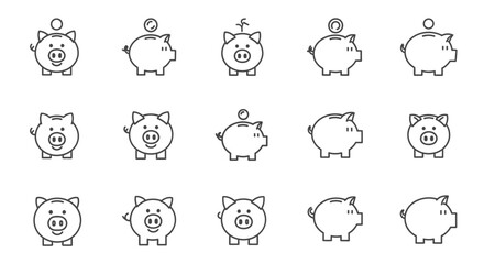 Collection of hand drawn piggy bank icons simple sketch style for financial concepts vector